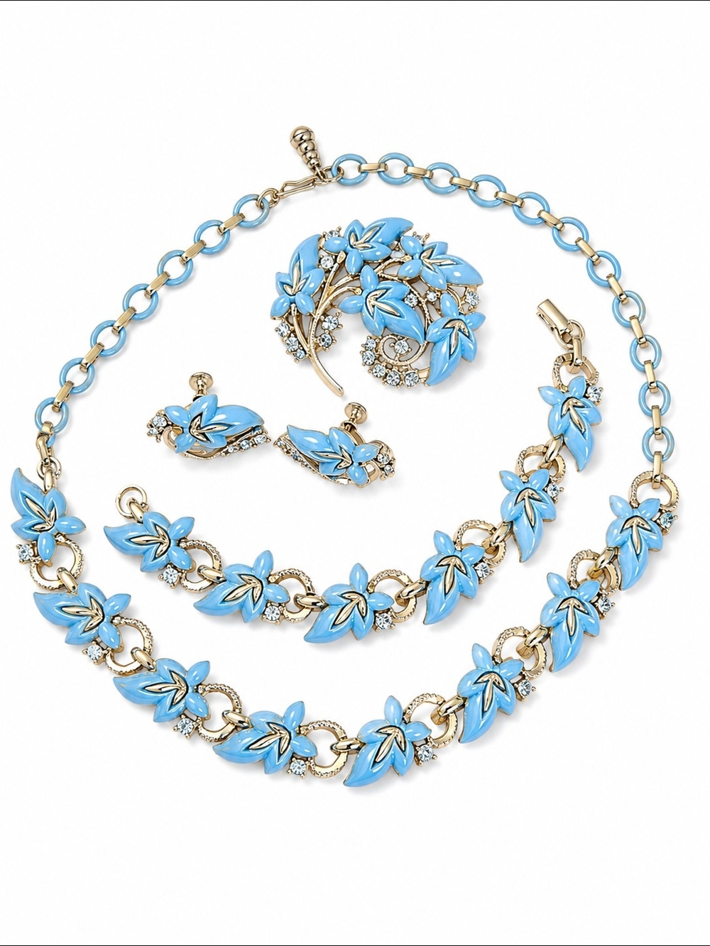 Gold-Tone Necklace with Blue Enamel Floral Accents